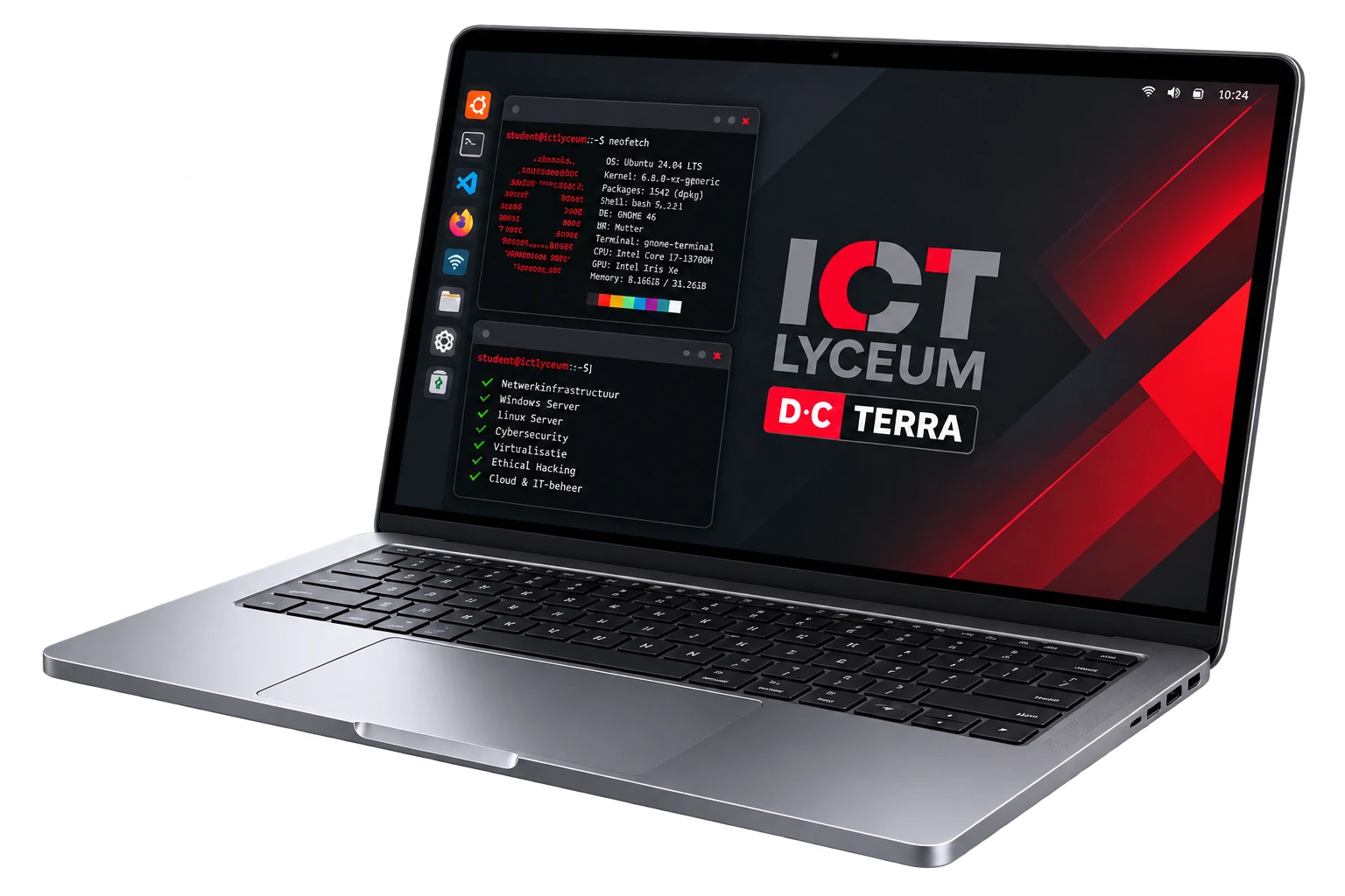 Laptop met Linux, terminalvensters en de ICT Lyceum DCTerra-huisstijl